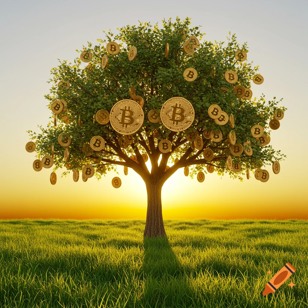 A photorealistic money tree with golden bitcoins instead of leaves, standing in a green field against a warm sunset sky.