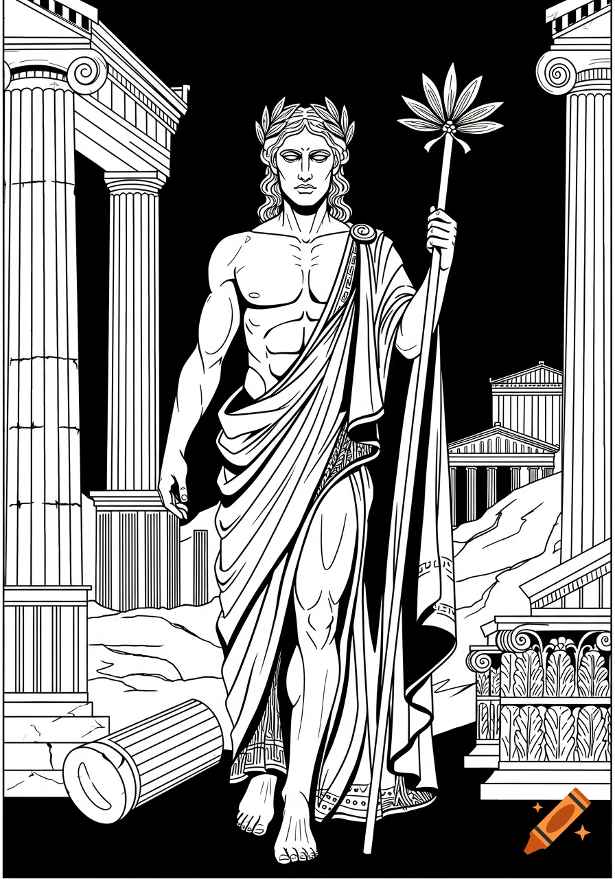 Black and white line art of a Greek god with a staff and laurel wreath standing among classical columns and ruins.