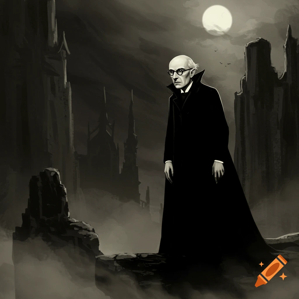 Pale man in a long black coat and glasses with pointed ears stands before a gothic castle under a full moon, silent film style.