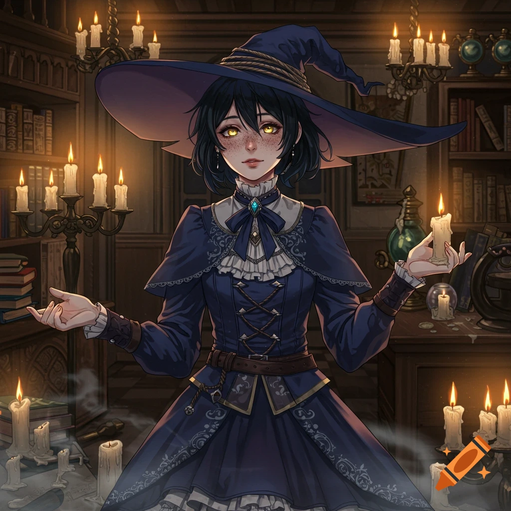 Anime witch with short black hair, golden eyes, freckles, and a blue Victorian dress, holding a candle in a candlelit library.