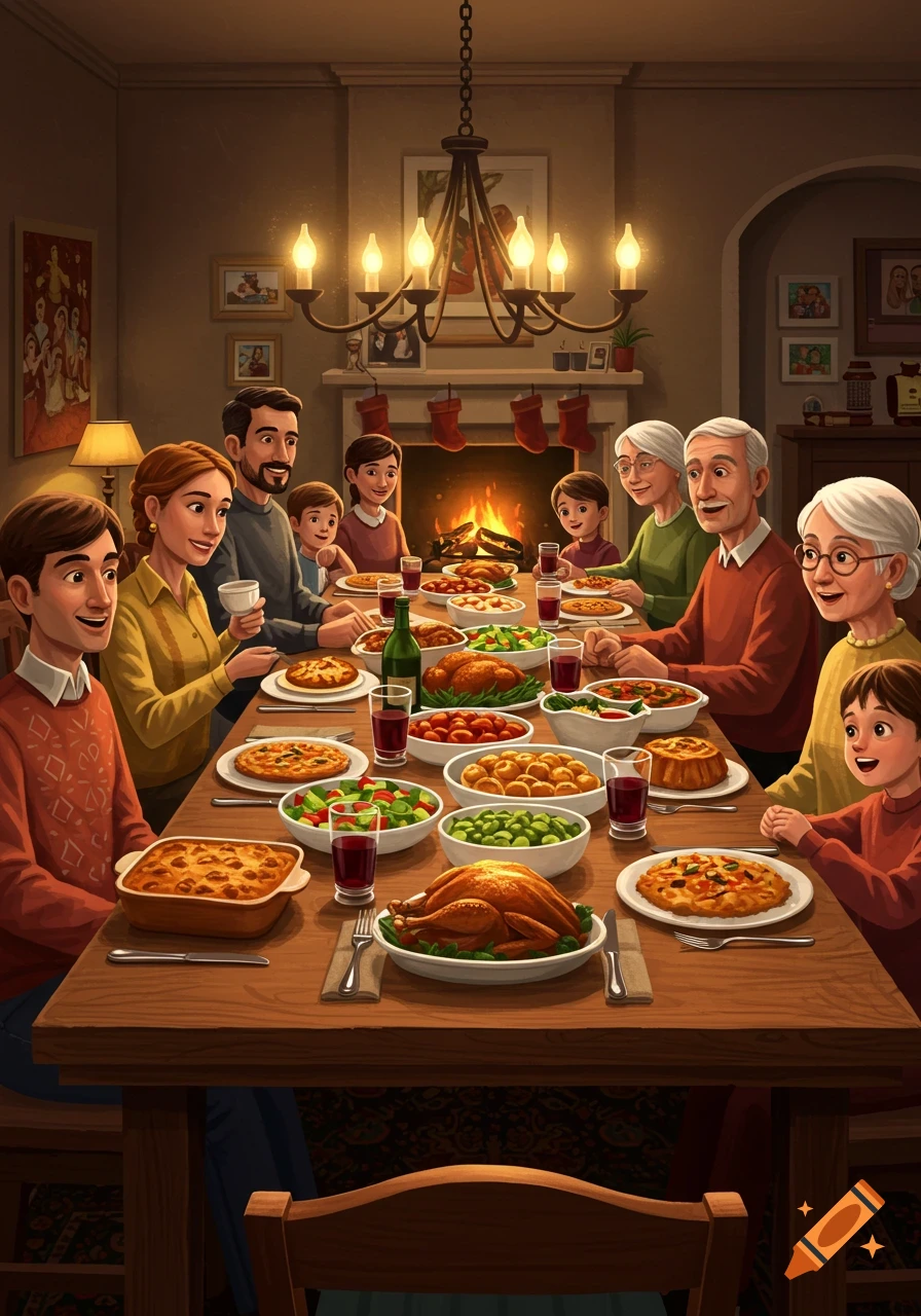 A large family gathers around a dinner table laden with food in a warmly lit home with a fireplace, in an illustrative style.