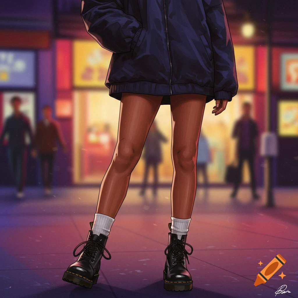 Stylized illustration of a person wearing a navy jacket, shorts, white crew socks, and black Doc Martens boots, standing on a city street at night.