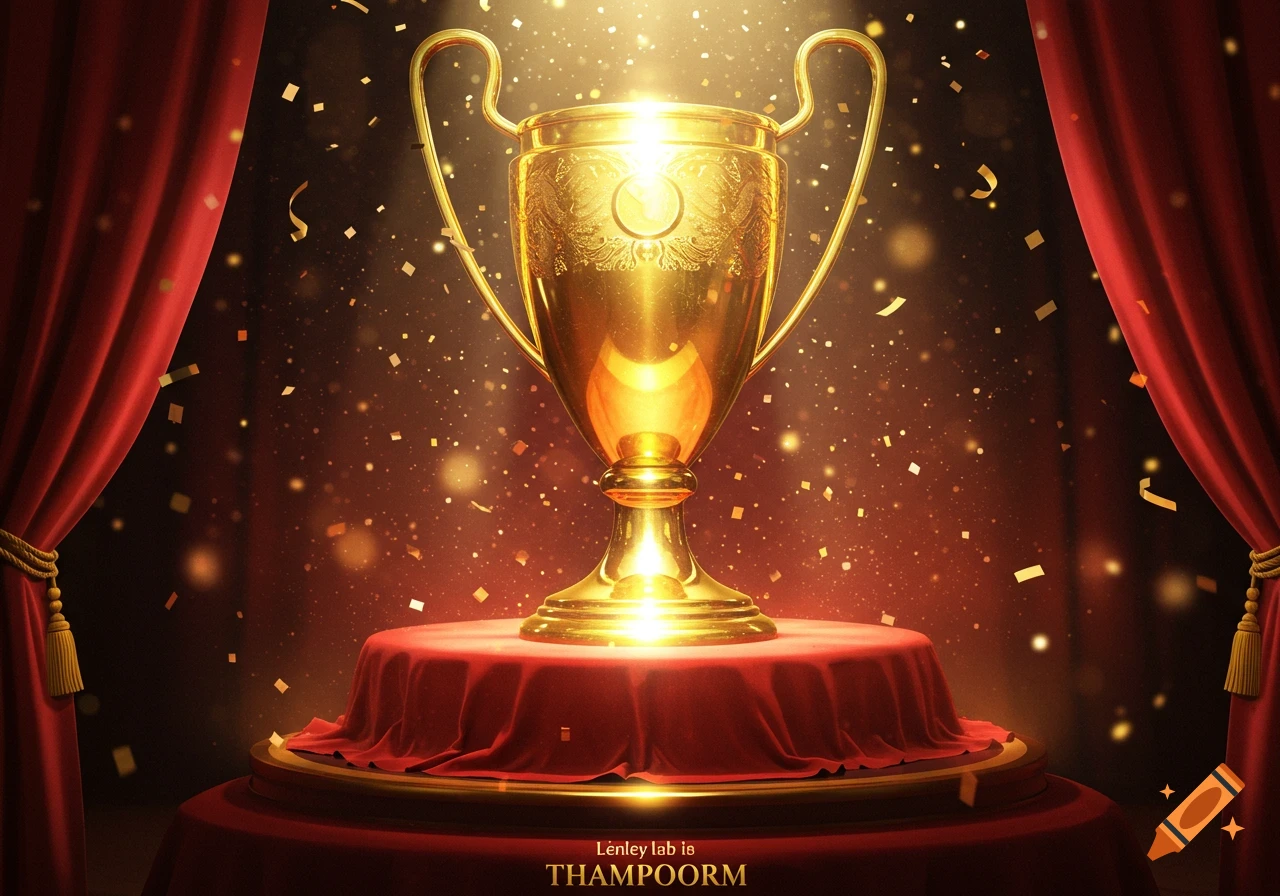 A shining golden trophy stands on a red velvet pedestal, flanked by red curtains, with glittering gold confetti falling around it under bright spotlights.