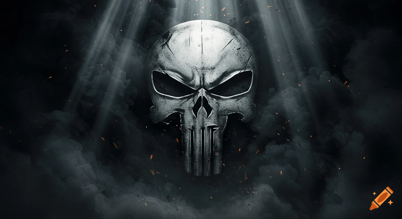A weathered, stylized Punisher skull logo against a smoky, dark background with light rays and sparse embers.