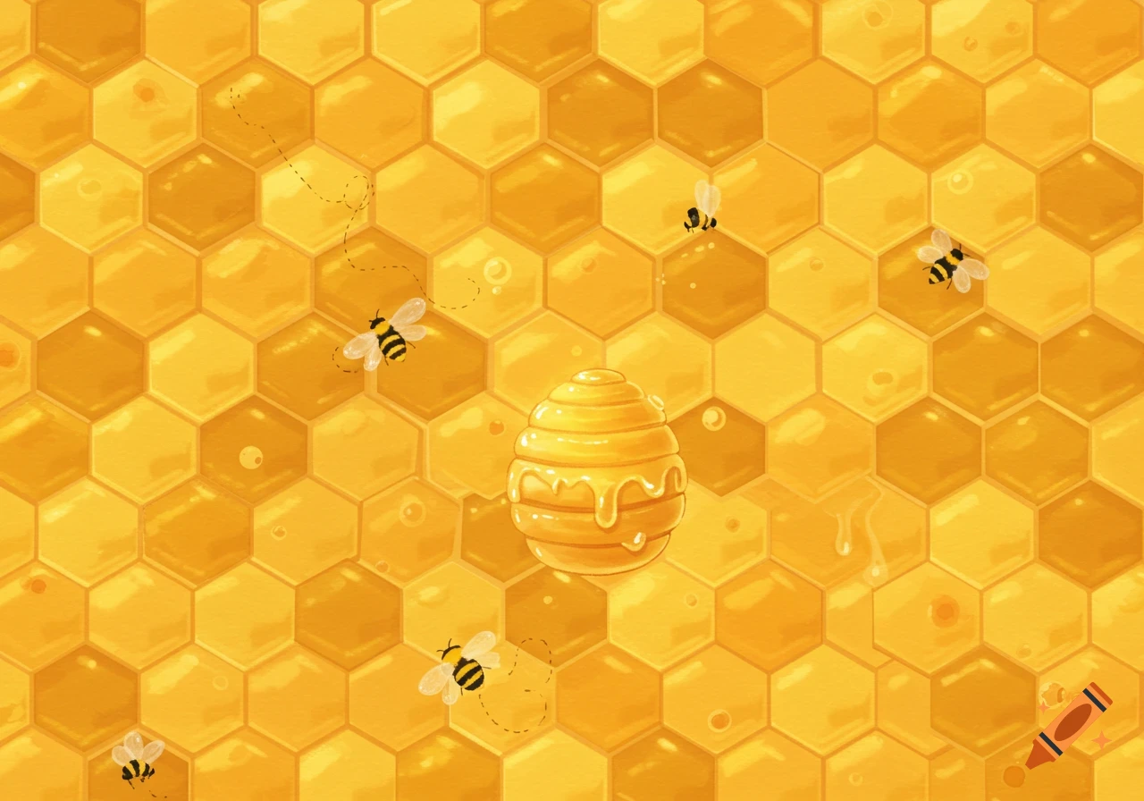 An illustration of a golden honeycomb with several bees flying around a central honey pot dripping with honey.