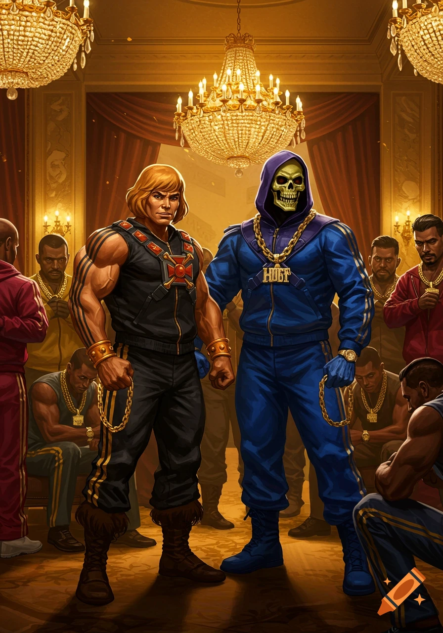 He-Man and Skeletor in tracksuits and gold chains stand in a opulent room with chandeliers, surrounded by other men.
