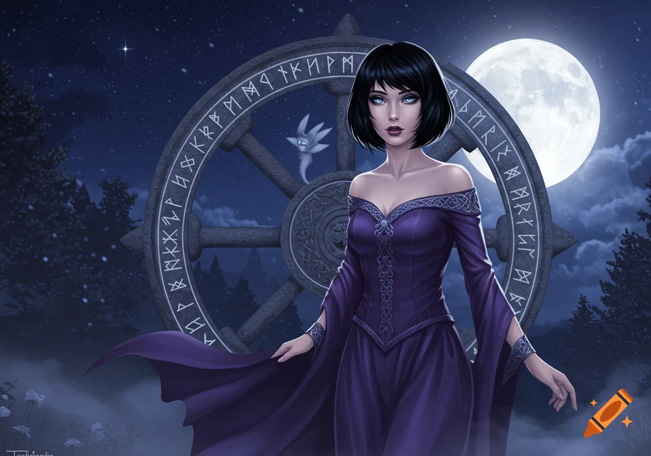 A mystical Celtic woman with short black hair and blue eyes in a purple gown stands before a rune-carved wheel under a full moon and starry night.
