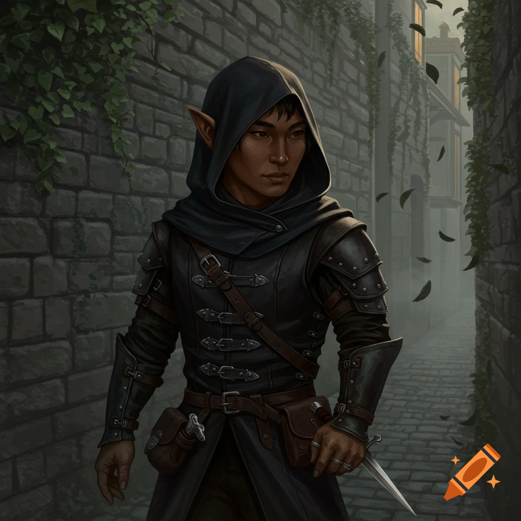A hooded nonbinary Asian elf rogue in leather armor stands in a dark stone alley, holding a dagger. Digital painting.