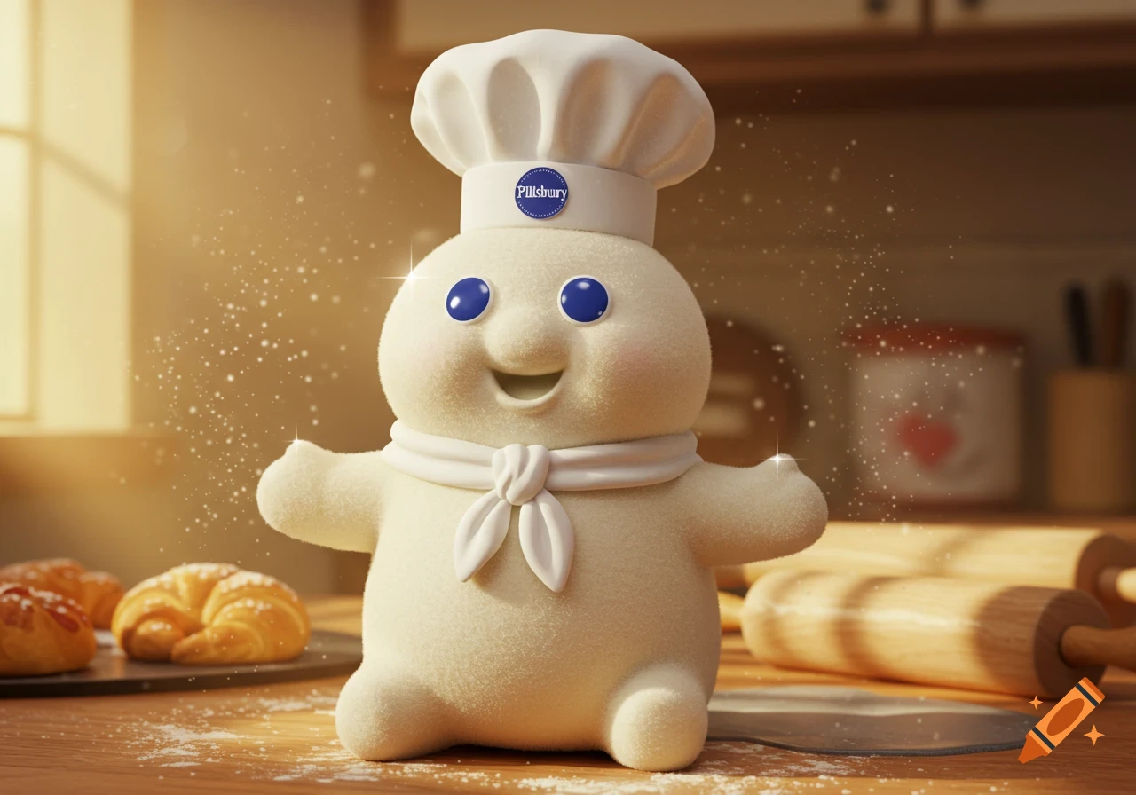 A fluffy, squishmallow-style Pillsbury Doughboy in a chef's hat and scarf, standing on a flour-dusted kitchen counter with croissants and rolling pins.