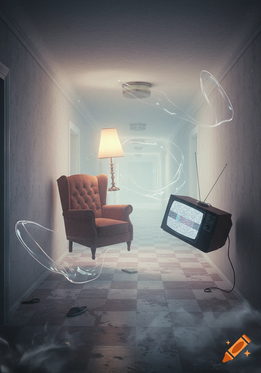 A surreal long hallway with a checkered floor, featuring a floating armchair, lamp, and static-filled TV, with ethereal light.