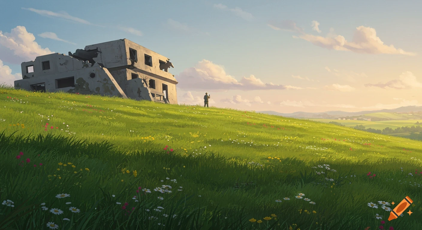 A person stands on a green, wildflower-covered hill, facing a damaged concrete building. A serene landscape under a bright sky.