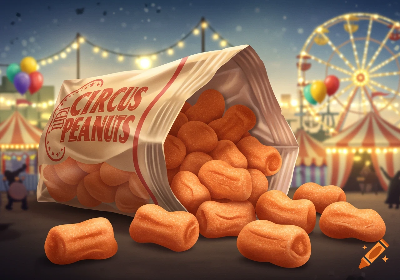 An open bag of orange circus peanuts candy spilling out onto a dark surface, with a blurred colorful circus fairground in the background.