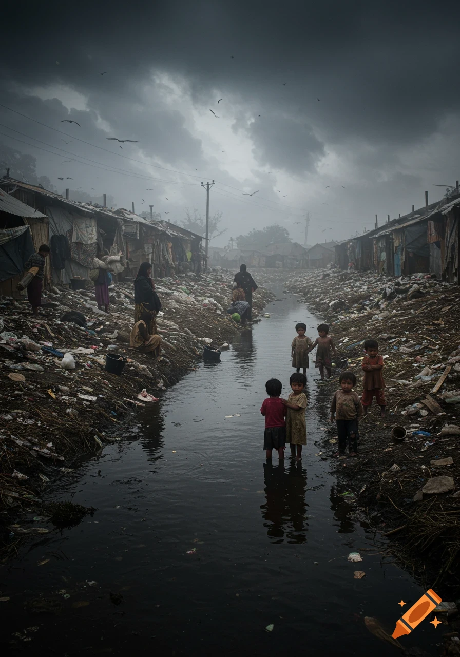 Children and adults in a polluted slum with shacks along a dirty stream under a dark, cloudy sky.
