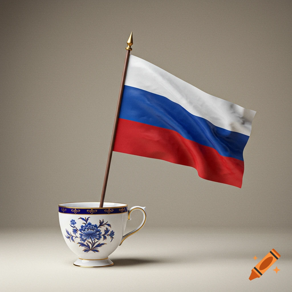 Russian flag on a small pole stands in a white porcelain teacup with blue and gold patterns.