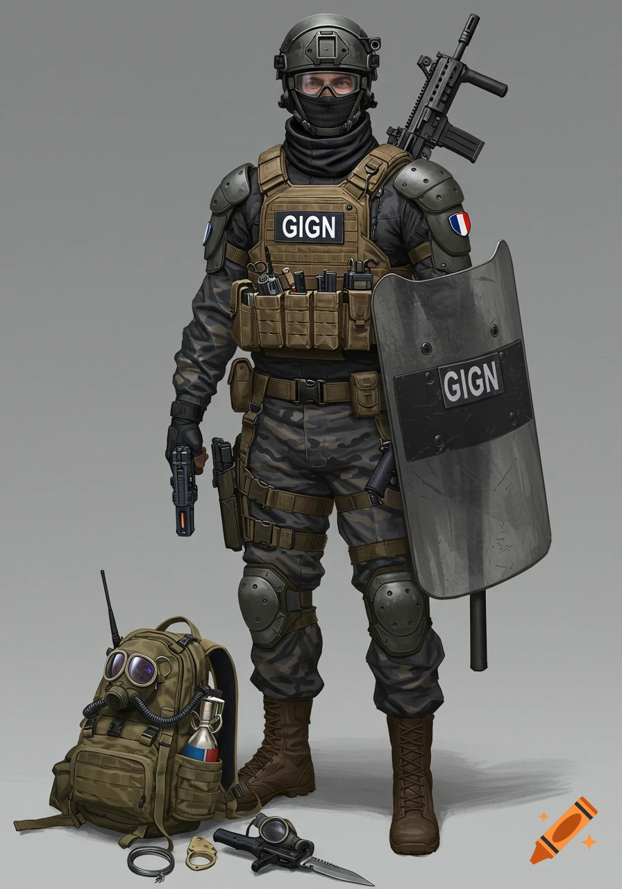 A heavily armored French GIGN soldier in camouflage, with a tactical vest, helmet, shield, rifle, and various military gear.