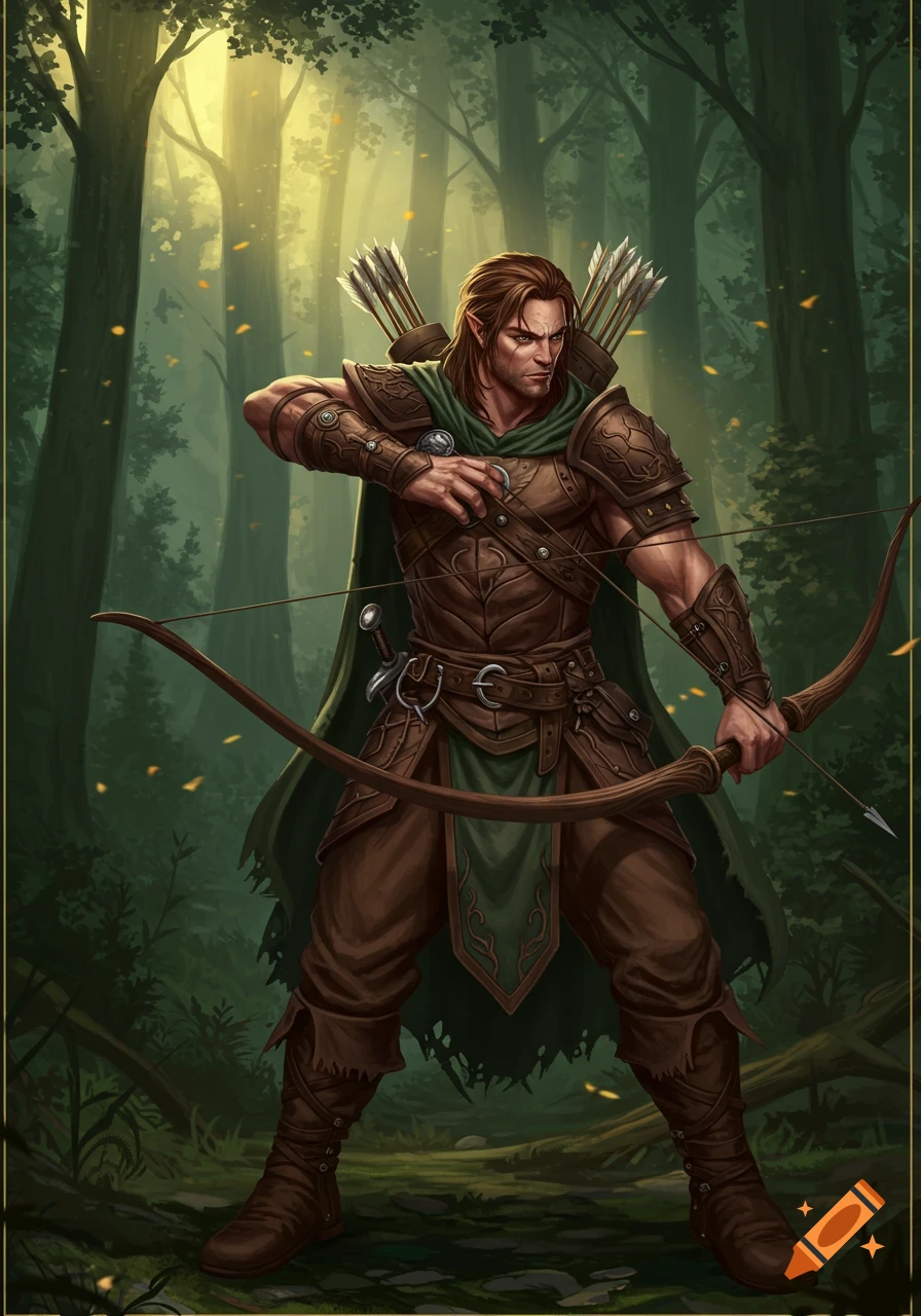 A male elf ranger in leather armor and green cloak draws his longbow in a sunlit forest, digital art.