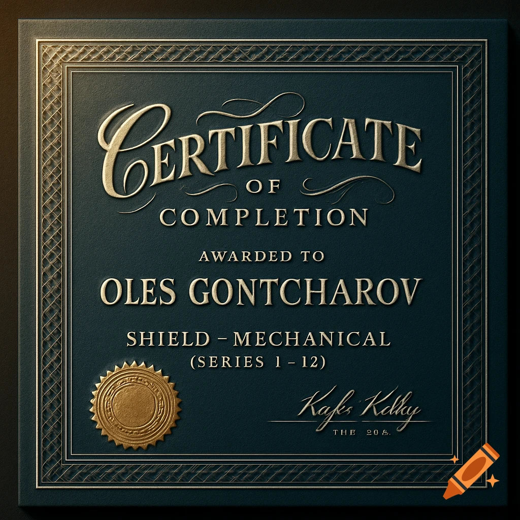 A close-up of a golden embossed certificate of completion for Oles Gontcharov, signed by Kafks Kelley, on a dark blue background.