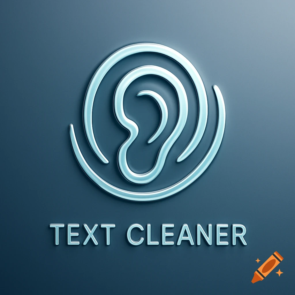 A glossy blue ear icon with concentric circles above the text 'TEXT CLEANER' on a dark blue background.