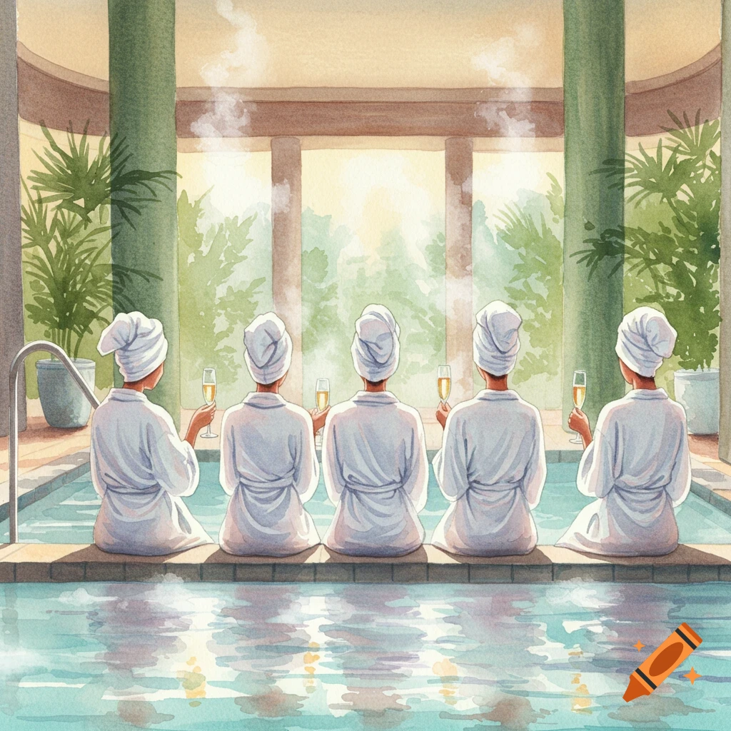 Five women in white bathrobes and turbans sit by a spa pool, seen from behind, drinking champagne in a watercolor style.