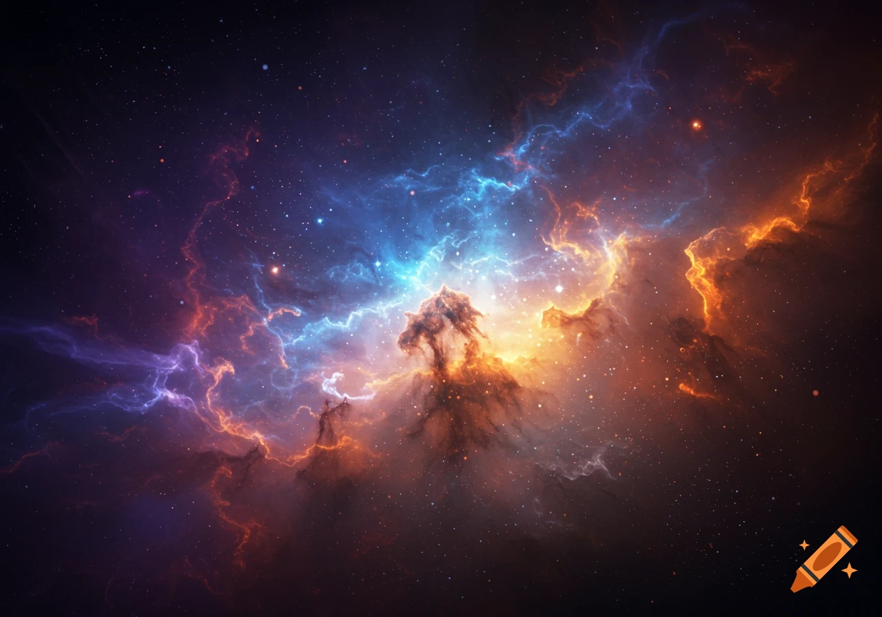 Vibrant cosmic nebula with swirling blue, orange, red, and purple gas clouds and many stars.