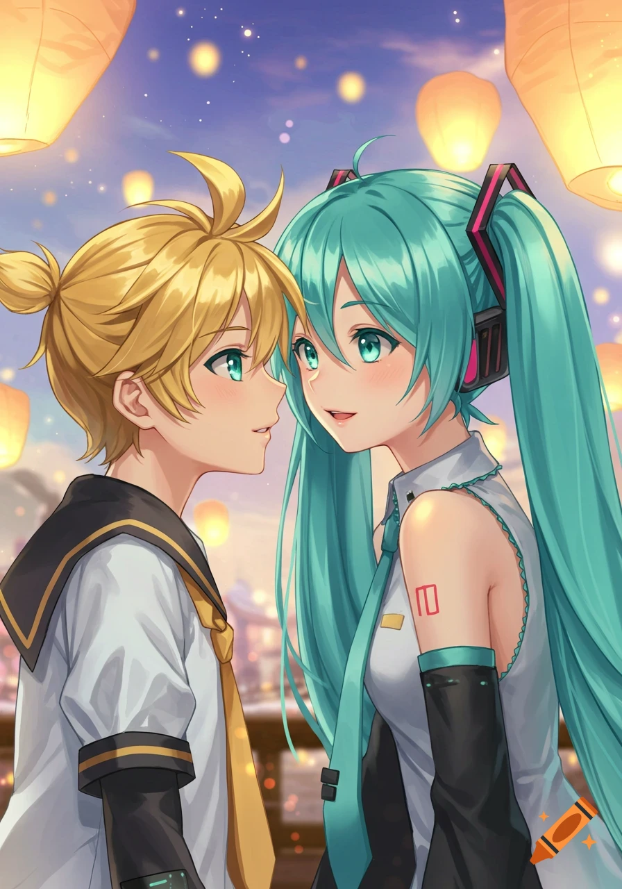 Anime-style depiction of Hatsune Miku and Kagamine Len looking at each other under glowing sky lanterns.