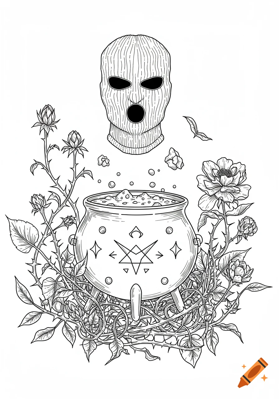Black line art drawing of a balaclava, a bubbling cauldron with symbols, and thorny plants.