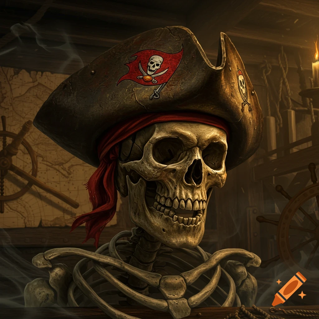 Detailed illustration of a pirate skeleton wearing a hat with a Jolly Roger flag inside a ship.