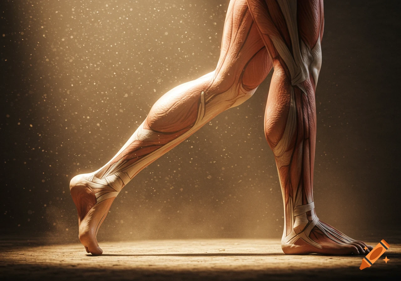 Detailed anatomical rendering of human leg muscles and tendons in motion, with dramatic lighting and dust particles.
