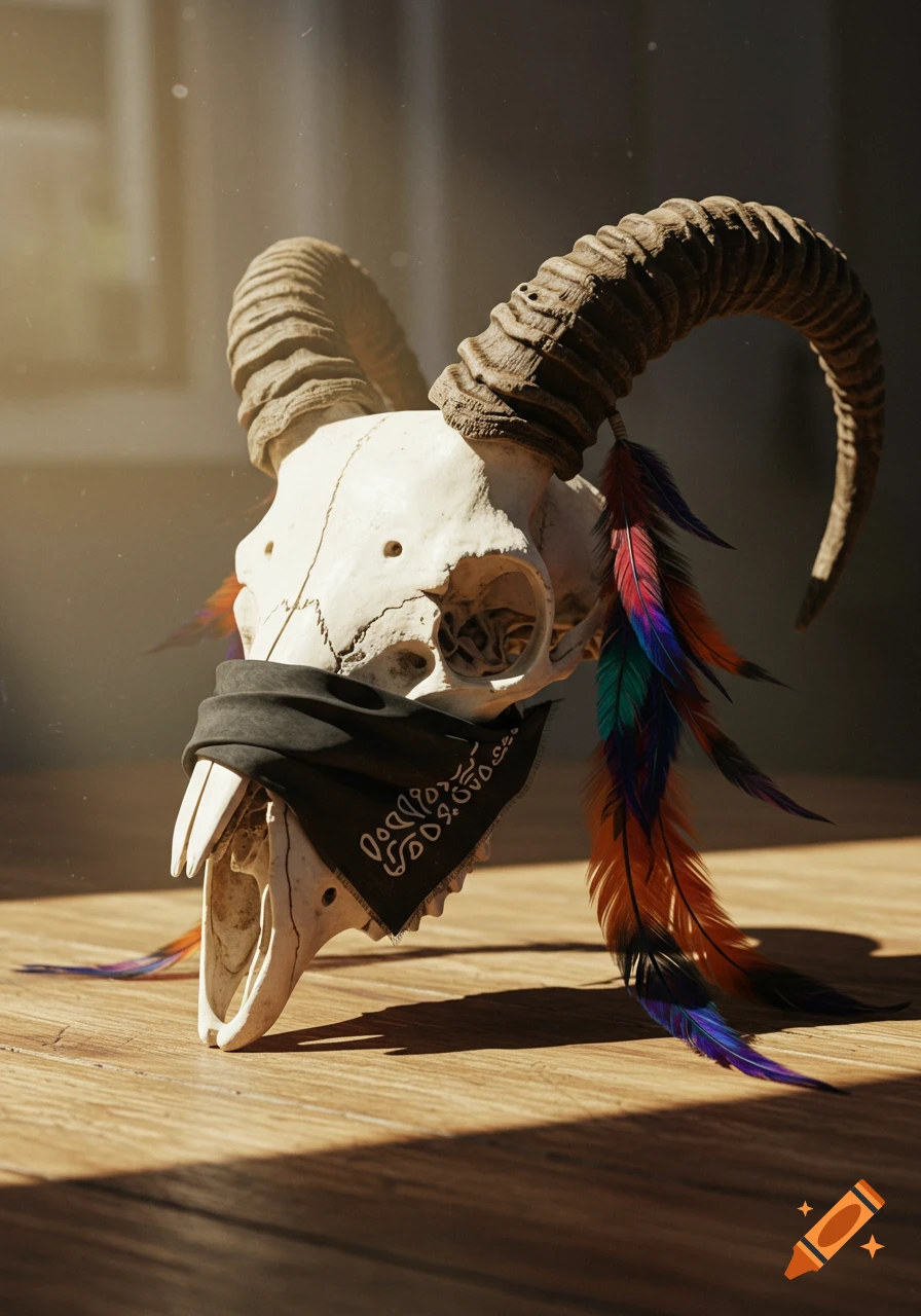 A realistic ram skull with large horns, adorned with colorful feathers and a black bandana, rests on a wooden floor.