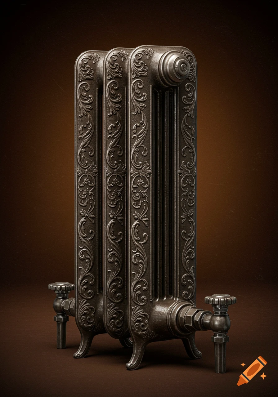 Ornate 19th-century style cast iron radiator with decorative scrollwork on a brown background.