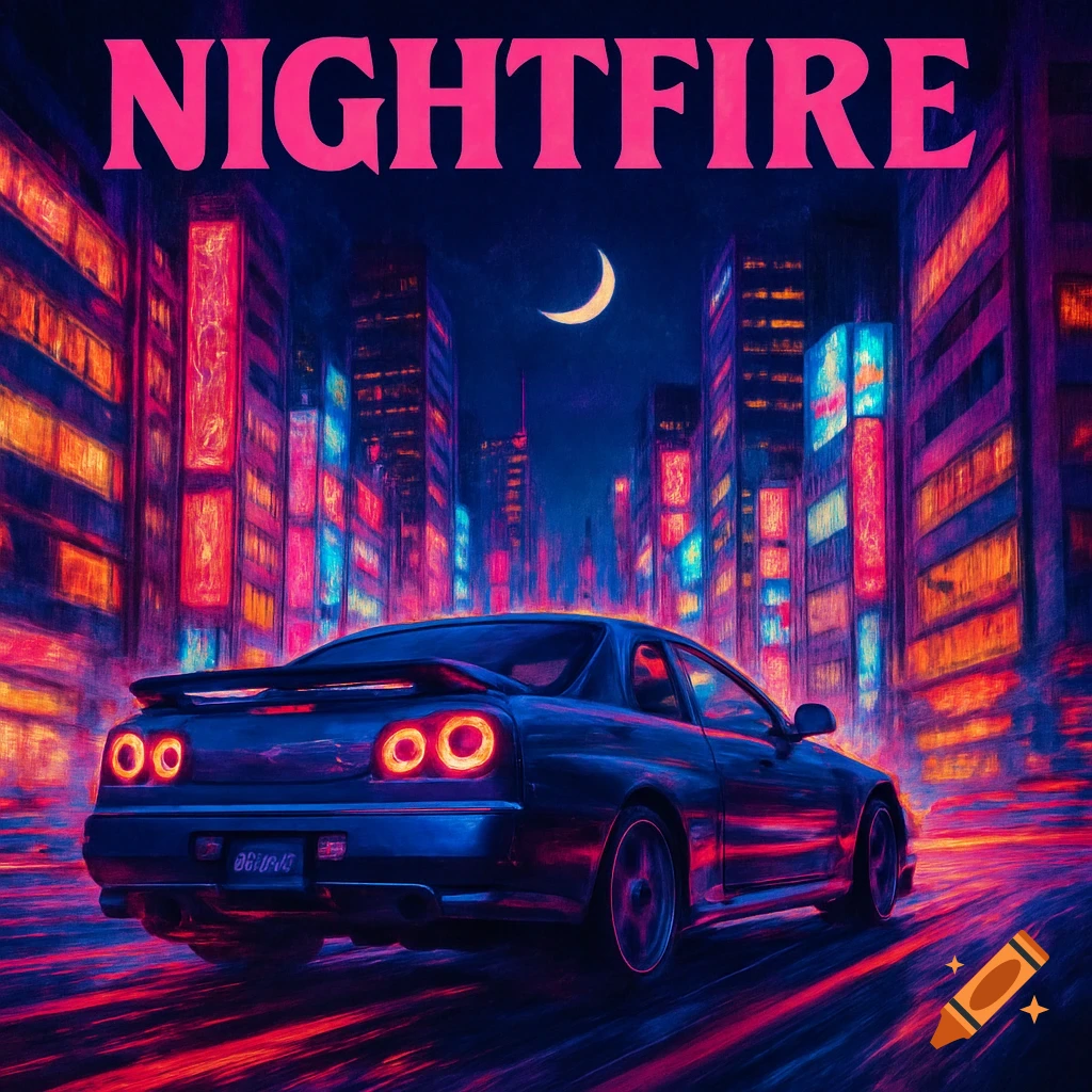 A blue car with glowing taillights speeds through a neon-lit city at night. "NIGHTFIRE" text above. Synthwave style.