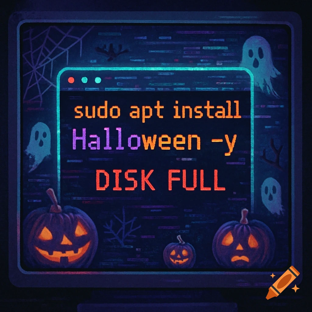 A retro computer monitor displays glowing Halloween-themed text: 'sudo apt install Halloween -y' and 'DISK FULL', surrounded by jack-o'-lanterns and ghosts.