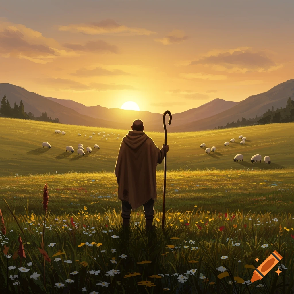 An illustrated shepherd with staff overlooks sheep in a sunny, grassy field with mountains at sunrise.