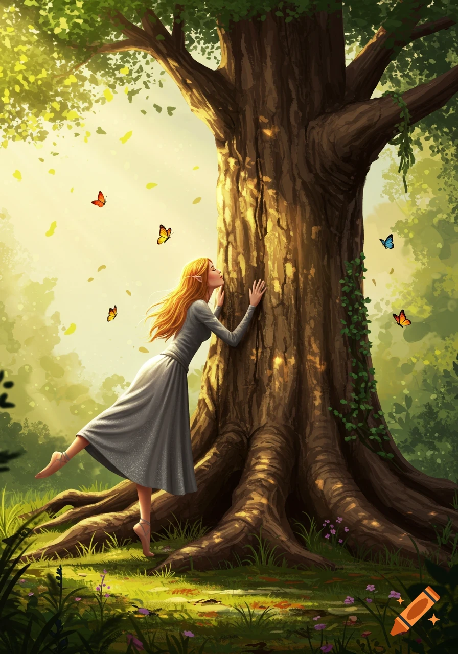 An elf-like woman with long orange hair and pointed ears kisses a large tree in a sunlit forest filled with butterflies.