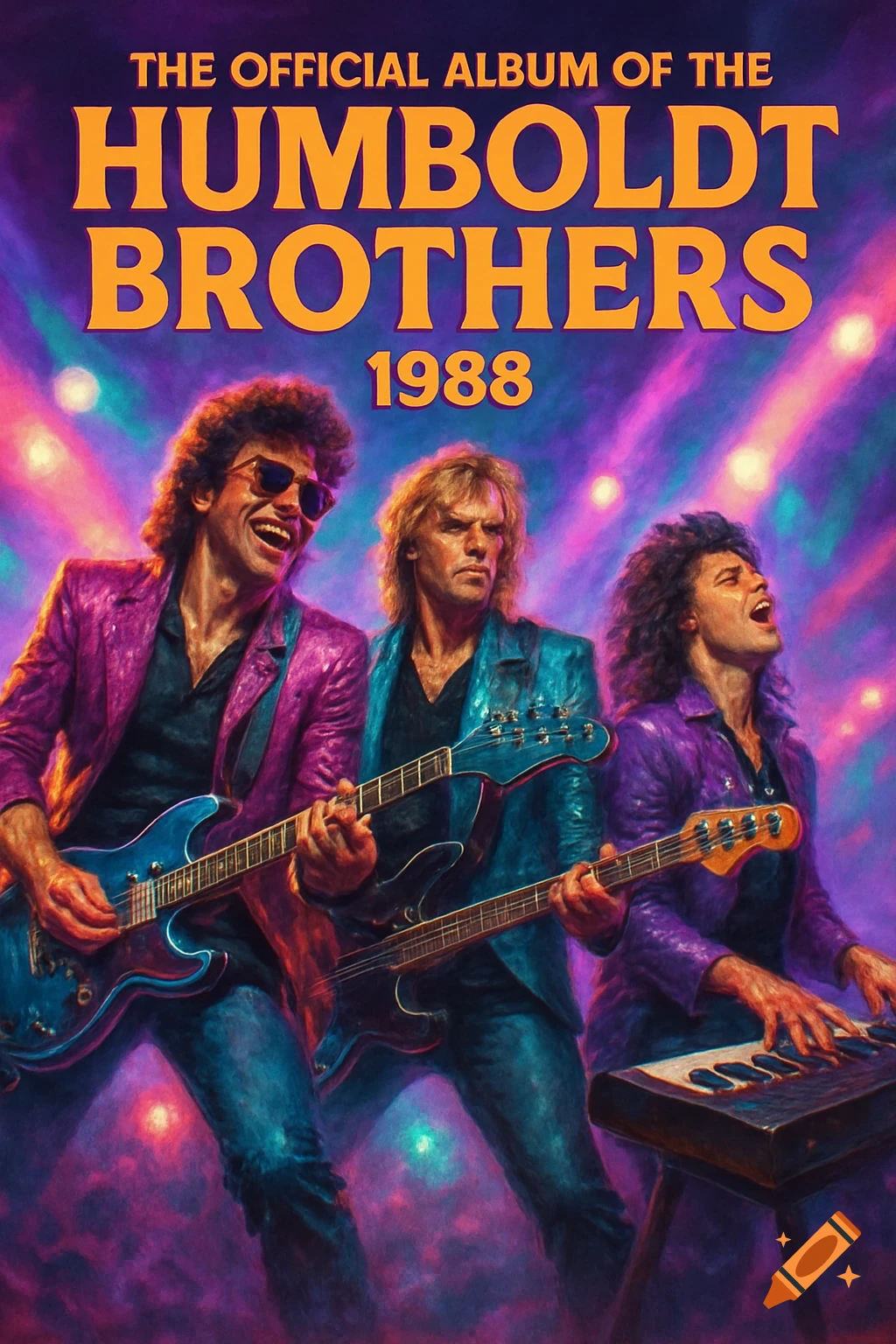 80s-style album cover with 'The Humboldt Brothers' playing electric guitar, bass, and keyboard on a vibrant, purple stage.