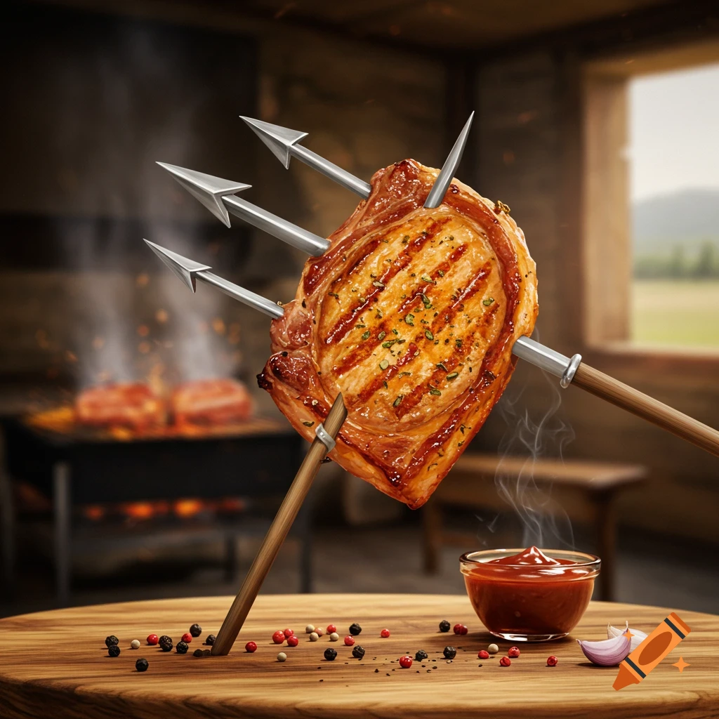 A photorealistic grilled pork chop, pierced by a trident, stands on a rustic wooden table with spices and sauce, with a blurry grill in the background.