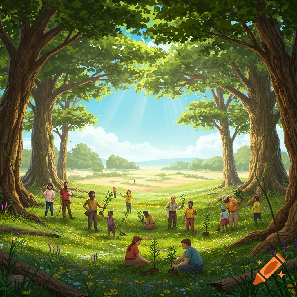 An illustrated scene of a diverse community planting young trees in a lush, sunny forest clearing.
