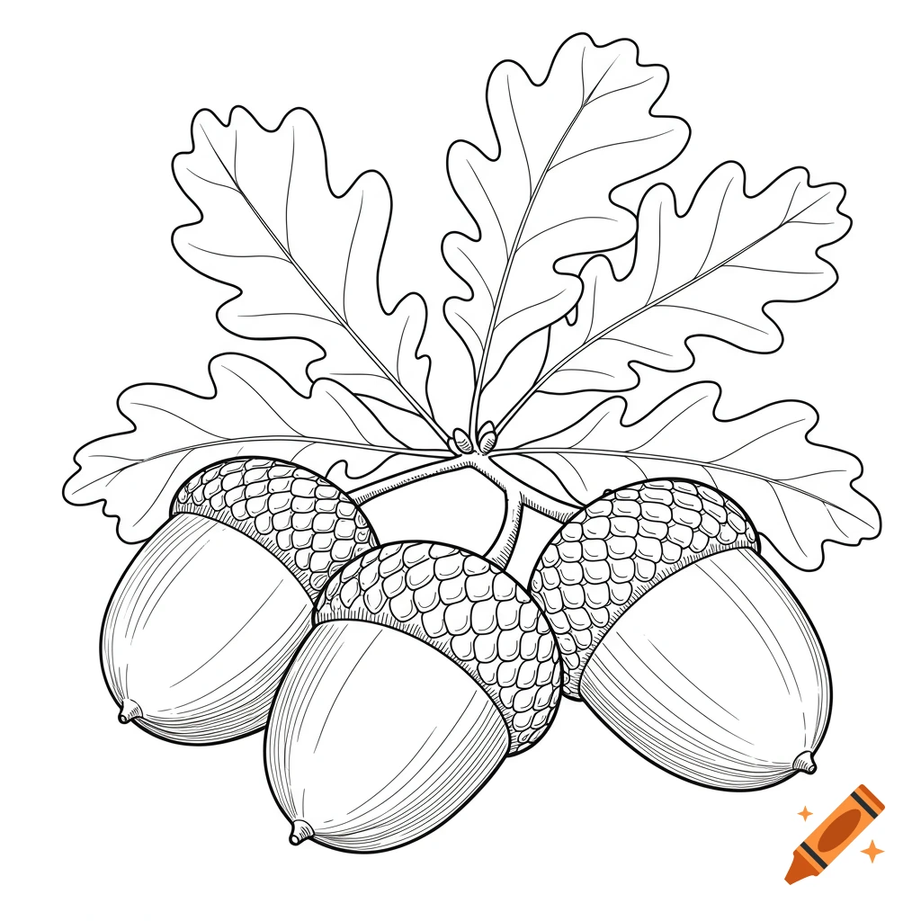Black and white line drawing of three acorns with caps and oak leaves, in a coloring book style.