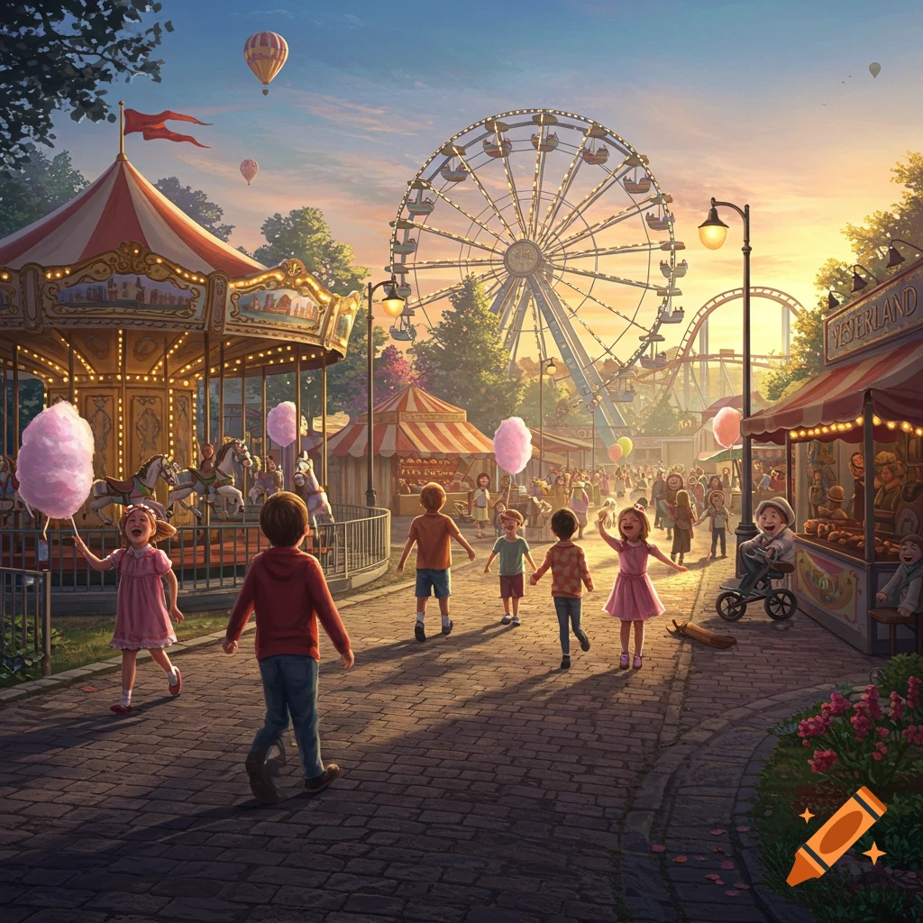 A vibrant illustration of an amusement park at sunset, with children holding cotton candy and playing near a carousel and Ferris wheel.