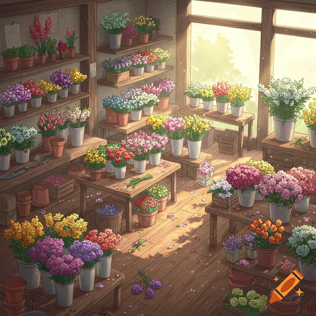 A cozy Japanese-style flower shop filled with colorful potted flowers on wooden shelves and tables, with sunlight streaming through windows.