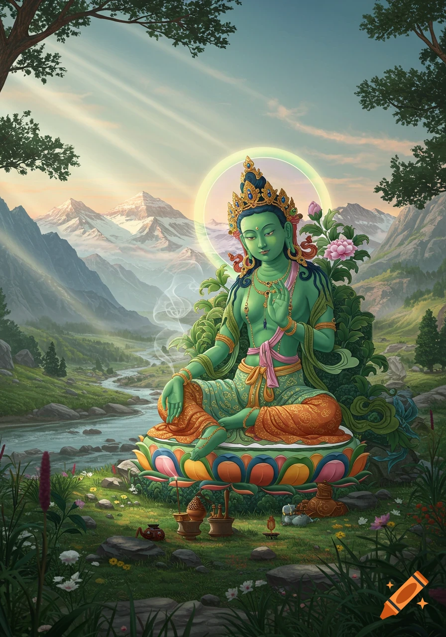 Green Tara sits meditating on a lotus in a vibrant mountain landscape with a flowing river under a luminous sky, digital art.