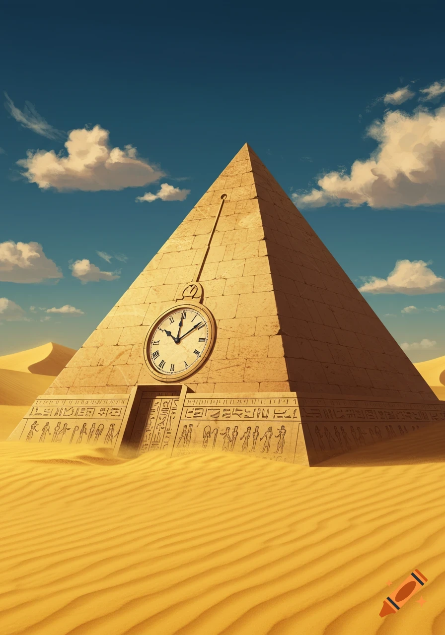 A massive pyramid stands in a desert, with a large, ornate pocket watch-like clock face embedded in its side. Hieroglyph-like carvings adorn the pyramid's base, under a blue sky with scattered clouds.