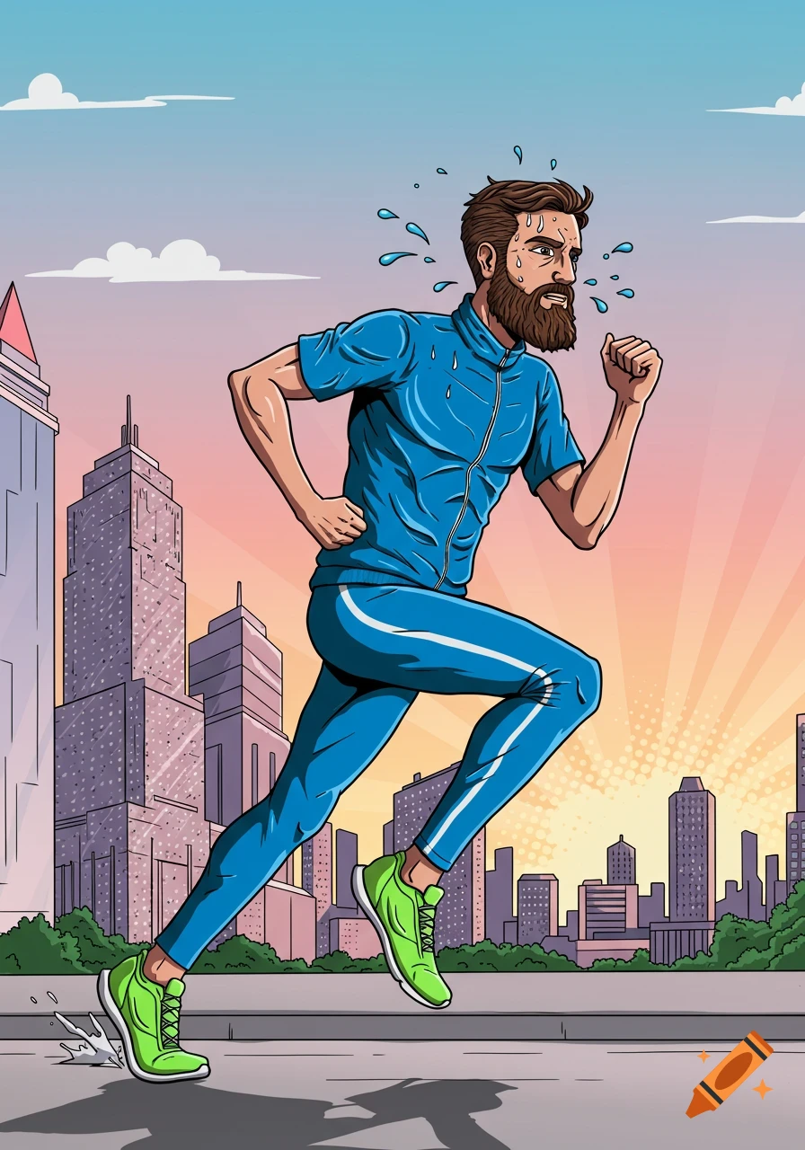 A comic-style illustration of a bearded man in blue running clothes and green shoes, sweating profusely while running past city buildings.