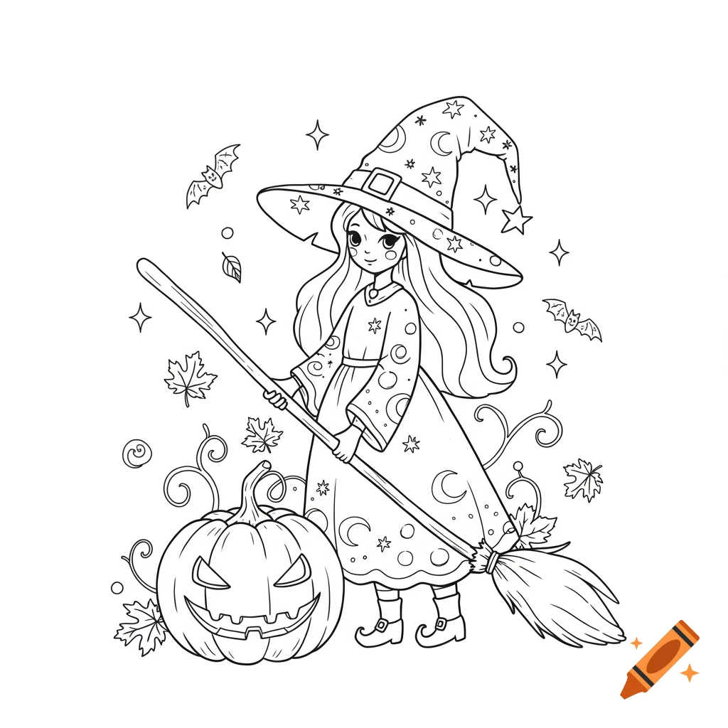 Line art coloring page featuring a cute witch holding a broom next to a jack-o'-lantern, surrounded by bats and leaves.