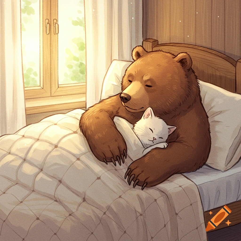 A brown bear and a white cat peacefully cuddle in a cozy bed, bathed in soft morning light, in an illustration.