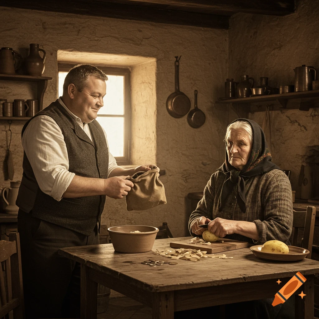 A man hands a pouch to an old woman peeling potatoes in a rustic, sepia-toned kitchen.
