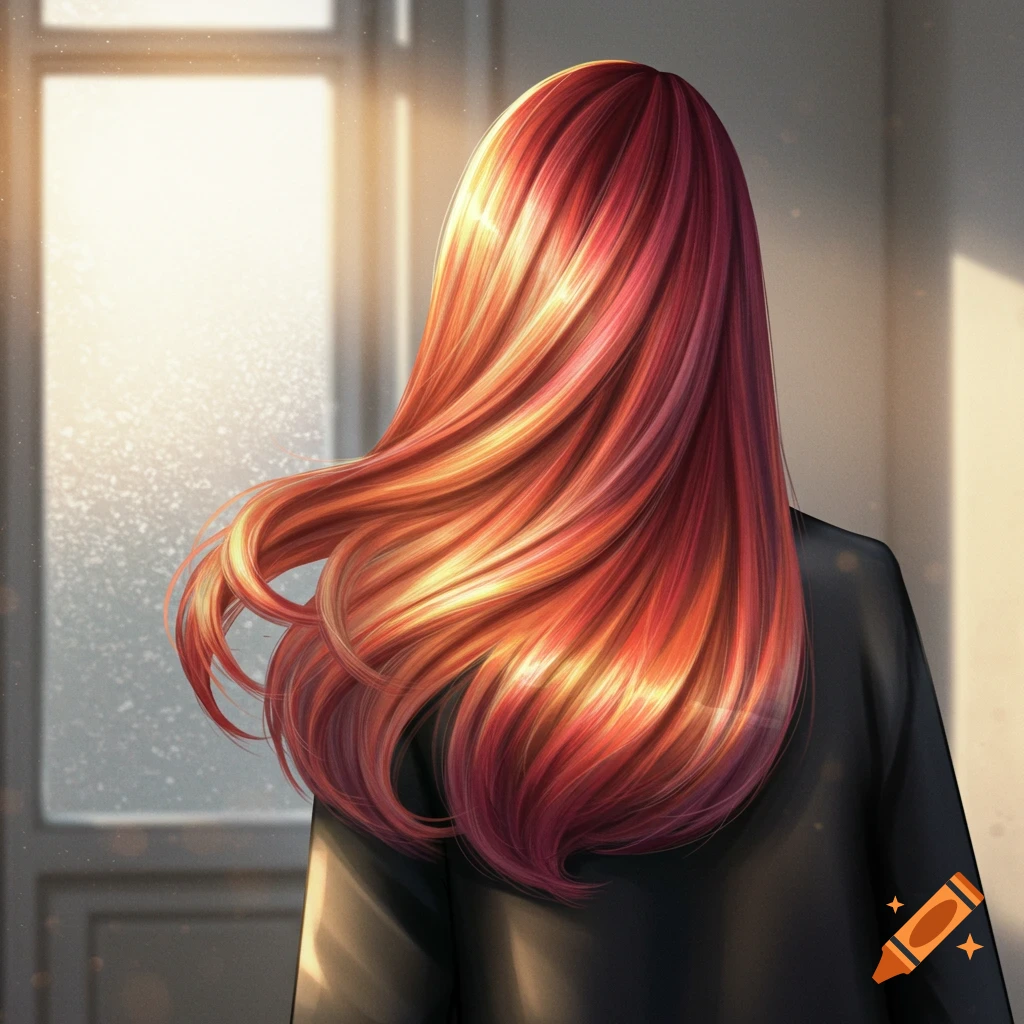 Anime illustration of a person's back, with long flowing red and orange hair, bathed in sunlight from a window.