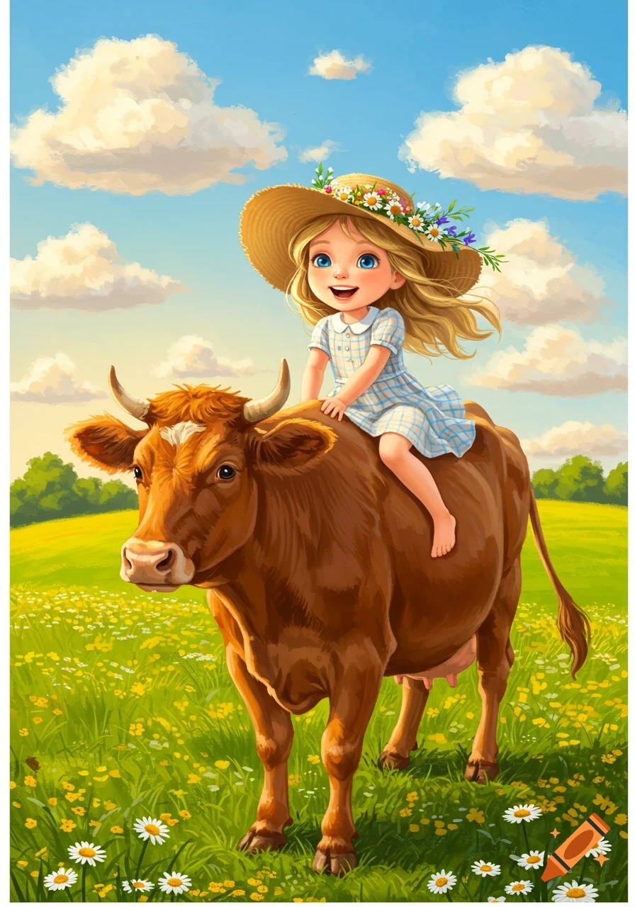A cheerful blonde cartoon girl in a straw hat rides a brown cow through a sunny field of flowers under a blue sky.