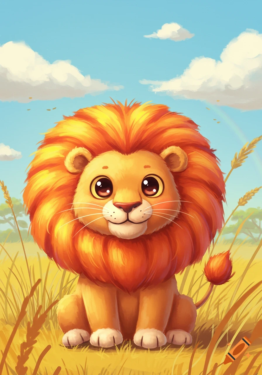 A cute, cartoon lion with a fluffy orange mane sits in a grassy savanna under a blue sky with clouds and a faint rainbow.