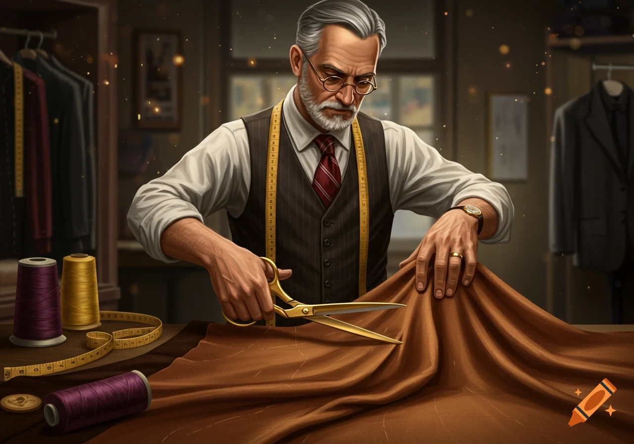 A skilled tailor with gray hair and glasses meticulously cuts brown fabric with golden scissors, surrounded by thread and a measuring tape.
